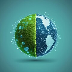 Poster - Globe divided into digital and natural halves, representing balance between technology and environment.