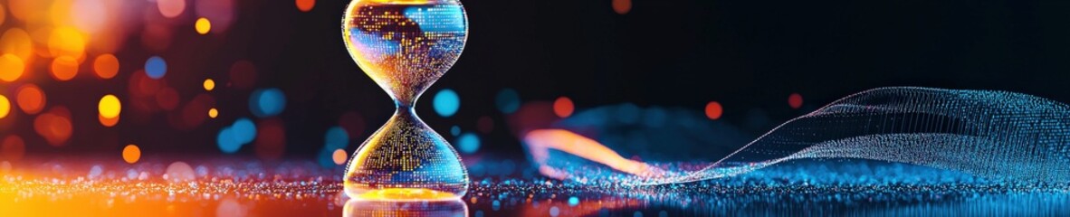 Poster - Hourglass with digital particles flowing, representing time in data-driven world.