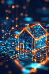 Poster - House built from QR codes, representing smart home technology.