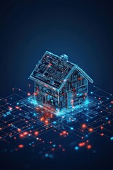 Poster - House built from QR codes, representing smart home technology.