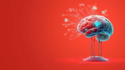 Poster - Human brain connected to machine, representing fusion of human intelligence and AI.