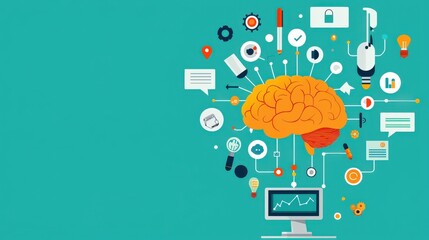 Poster - Human brain connected to machine, representing fusion of human intelligence and AI.