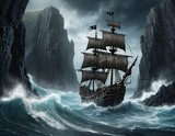 Pirate Ship Sailing Through Stormy Waters