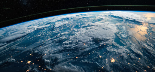 Wall Mural - view of the earth from space, with the blue and white clouds and the stars in the background. scene 