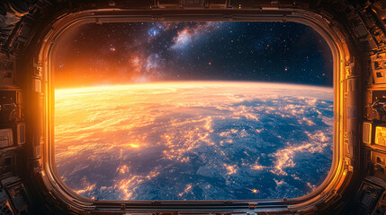 Wall Mural - view of the earth from space with a bright orange sun in the background. concept of awe and wonder a