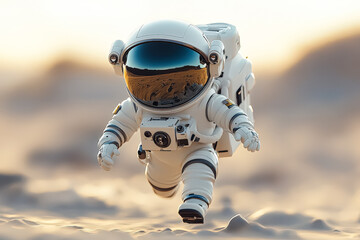 Wall Mural - white astronaut is running on a sandy surface. the astronaut is wearing a white suit and has a helme