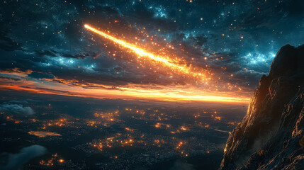 Wall Mural - bright orange streak of light shoots across the sky, leaving a trail of sparks in its wake. the scen