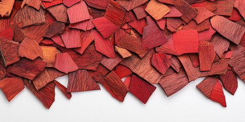 Poster - Red wooden fragments texture, scattered on white background, creating a rustic, abstract design, suitable for various design projects
