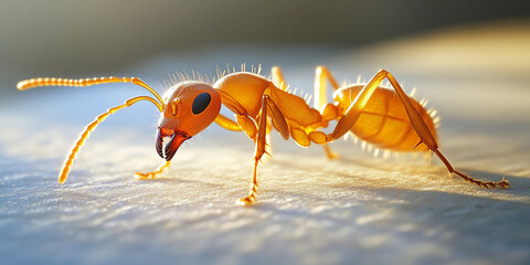 Poster - Close-up of amber ant, showcasing intricate body detail and texture, illuminated by sunlight, representing nature's detail and resilience