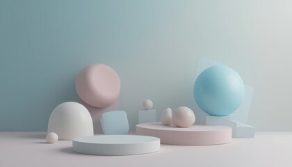 Poster - Abstract geometric shapes composition minimalist studio digital art soft pastel environment low angle view modern design concepts