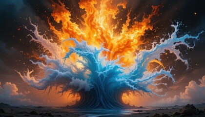 Poster - Explosive Fusion of Fire and Water Creating a Stunning Natural Scene