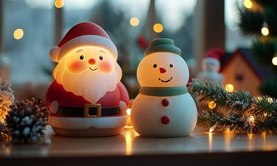 Wall Mural - Festive illuminated holiday display featuring Santa Claus and a cheerful snowman figure