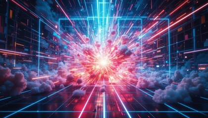 Poster - Vibrant Explosion of Light in Futuristic Digital Space Environment