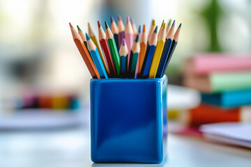 Fototapete - Colored pencils in blue holder, on white surface, blurred background with books, representing creativity, education, and art supplies