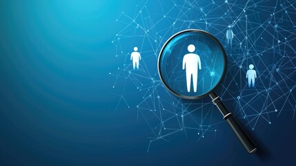 Leinwandbilder - Digital illustration of magnifying glass focusing on human figure amid network connections. Blue-toned scene showcasing social network analysis and data research concepts.
