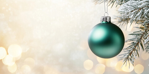 Poster - Green glass ball ornament hanging on snowy fir branch against bokeh background, showcasing festive Christmas decoration, ideal for holiday greetings or winter themes