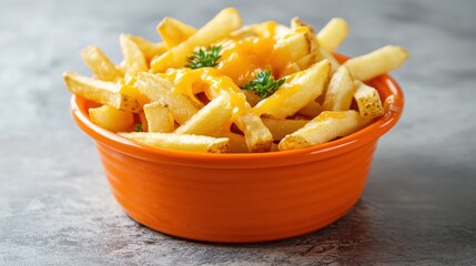 Poster - Crispy fries covered in rich cheese sauce served in an orange container, perfect for a snack at a casual eatery or outdoor event
