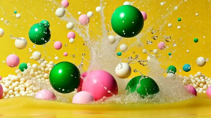 Poster - Colorful spheres create a splash in water against a vibrant yellow background during a fun, artistic experiment