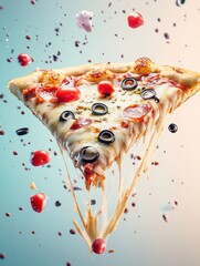 Poster - Delicious pizza slice with gooey cheese and vibrant toppings suspended in a dynamic background showcasing high-speed photography