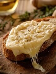 Poster - Delicious cheese melt stretching from warm bread on a rustic wooden board, showcasing mouthwatering golden hues and rich textures