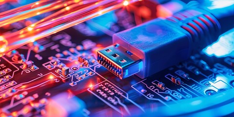 Poster - High-Tech USB Connection On Circuit Board With Colorful LED Lights Showcasing Modern Electronics and Digital Connectivity Innovations