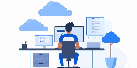 Aufkleber - Young professional working at a modern desk with computer screens, creative workspace with clouds and plants, digital workspace ambiance