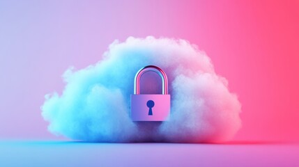 Poster - A digital cloud with a padlock, symbolizing secure online data storage and digital protection, on a colorful gradient background.