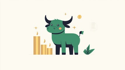 Poster - A stylized image of a green-suited bull standing next to fluctuating candlestick charts, symbolizing trading risks and market optimism.
