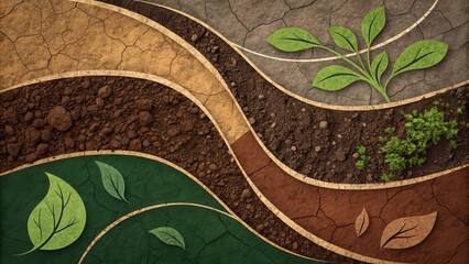 Poster - Environmental awareness day concept. Textured background with leaves and earthy tones in a flowing design.