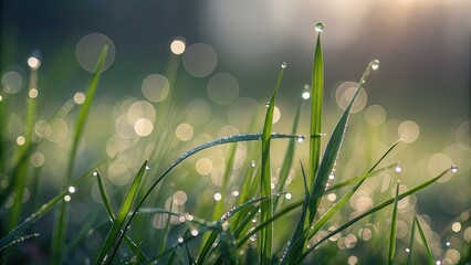 Poster - Environmental awareness day concept. Dewdrops on grass create a sparkling, serene morning landscape.
