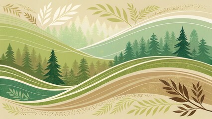 Poster - Environmental awareness day concept. Vibrant abstract landscape with flowing lines and greenery, depicting a serene nature scene.