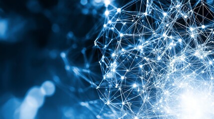 Poster - Abstract image of a network, showing connections between nodes. Blue and white color scheme with bokeh effect in the background. Digital network concept.