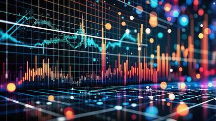 Poster - Abstract data visualization with vibrant orange, blue, and red lines on a dark backdrop, enhanced by bokeh lights, creating a futuristic feel.