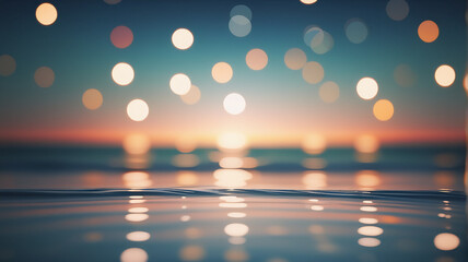 Poster - Dreamy bokeh lights twinkle over calm water at sunset. Warm hues create a peaceful, serene atmosphere. Evokes tranquility.