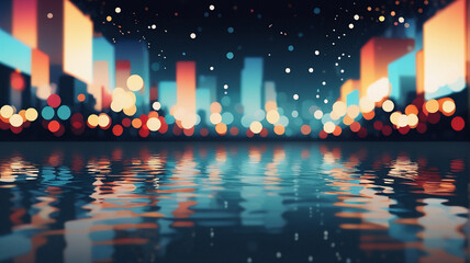 Poster - Vibrant night cityscape with blurred colorful lights and bokeh effect reflecting on water. Abstract city skyline at night with bright illumination and water reflection.