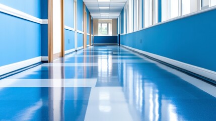 Poster - Brightly lit hallway with blue walls and a shiny geometric tiled floor. Clean lines and modern feel.