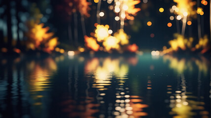 Leinwandbilder - Blurred autumnal landscape. Golden foliage and sparkling lights are softly reflected in the dark water creating a dreamy, tranquil scene at dusk.