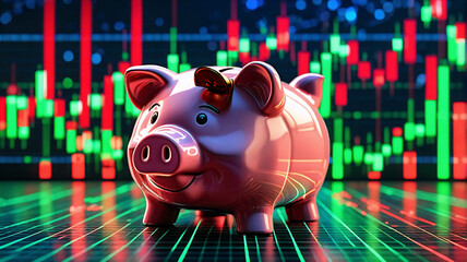 Aufkleber - Pink piggy bank stands against a vibrant stock market chart backdrop. Concept for financial savings, investment, and economic growth in a digital age.