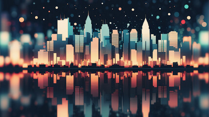 Poster - Night cityscape reflects in water with bokeh lights. Silhouettes of buildings create an urban skyline at night, with colorful illumination.