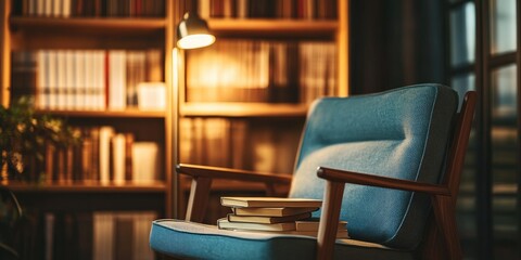 Aufkleber - A cozy office nook with soft lighting, close-up of a comfortable chair and a stack of books, focus on the inviting atmosphere