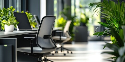 Aufkleber - a modern office space with ergonomic chairs and greenery, focus on the clean design and comfortable work environment