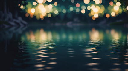 Leinwandbilder - A serene night scene with soft bokeh lights reflecting on calm water. A blurry background creates a tranquil and peaceful atmosphere.