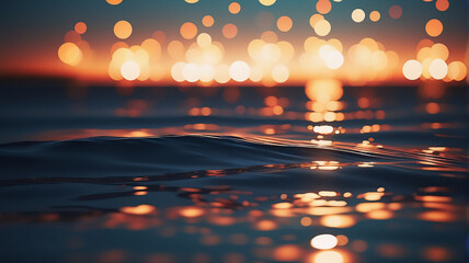 Leinwandbilder - Soft bokeh lights create a warm glow above the dark, rippling water. Reflections of the sunset hues shimmer on the gentle waves, evoking a dreamy and tranquil scene.