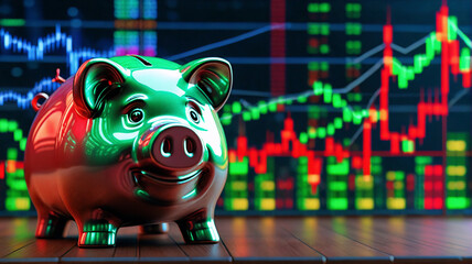 Poster - Shiny piggy bank reflects stock market data, symbolizing financial savings and investment growth against a backdrop of economic charts.