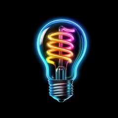 Poster - Close up of a glowing lightbulb with a colorful spiral filament against a black background. The bulb is illuminated with vibrant neon colors.
