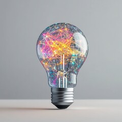 Poster - Abstract image of a lightbulb with colorful network inside, representing innovation and ideas. The lightbulb is on a light gray background. 