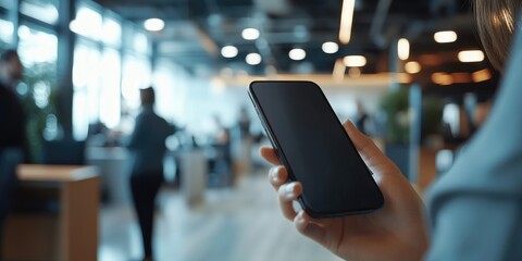 Aufkleber - a hand holding a phone in a busy office, focus on the active communication and multitasking energy