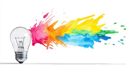 Poster - A lightbulb with vibrant watercolor paint splashes radiating outwards, symbolizing creativity and innovation. The image is bright, colorful, and dynamic, conveying a sense of energy and inspiration.