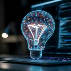 Poster - Glowing digital lightbulb on laptop, colorful particles, dark background, innovative technology concept.
