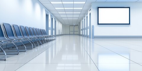 Poster - A modern, sterile hallway with blue benches and a blank screen, emphasizing a clean, minimalist design suitable for a waiting area, Disaster recovery planning.